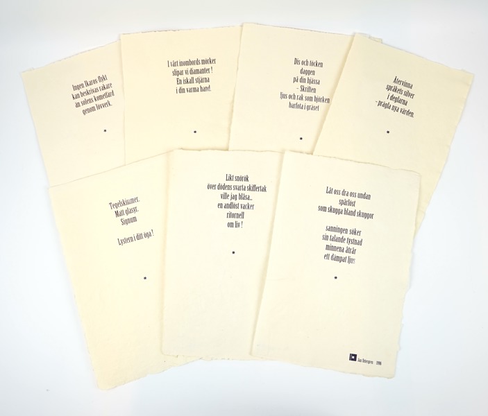 Jan Östergren, dikter, 7 st, tryck på papper, oramade.