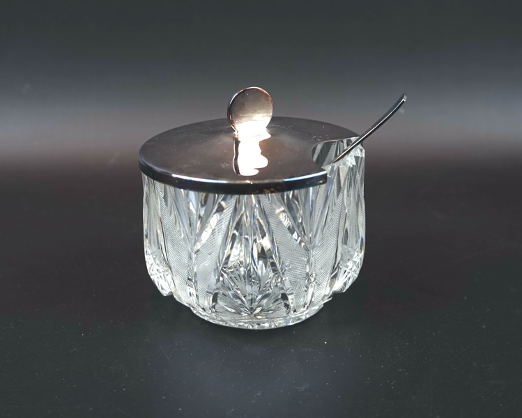 Skål med lock och sked, glas/silver 800.