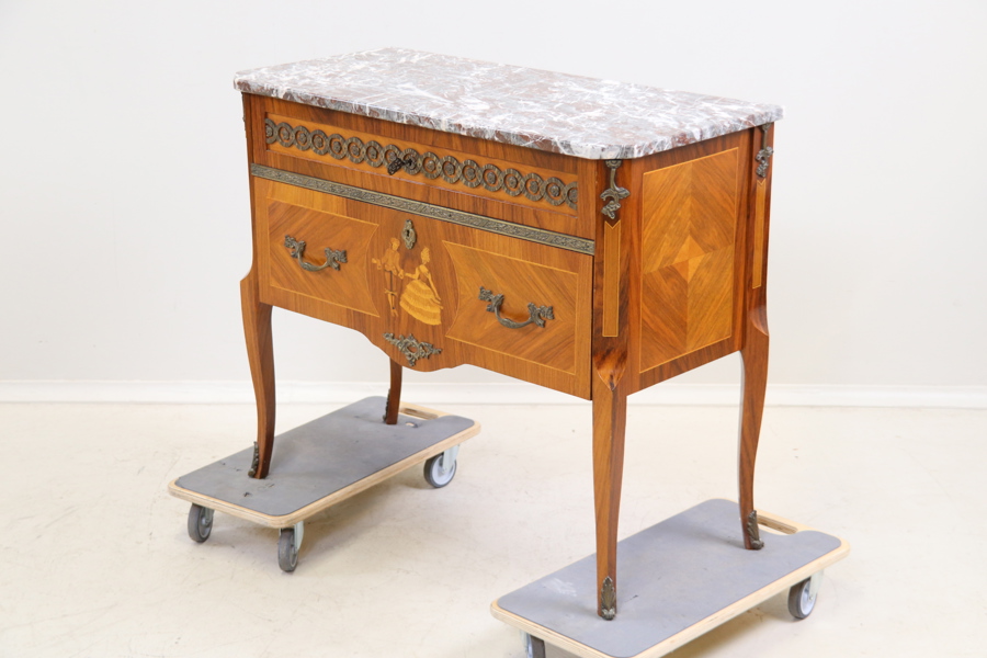 Stilbyrå, 2 lådor, trä/stenskiva, 1900-tal.