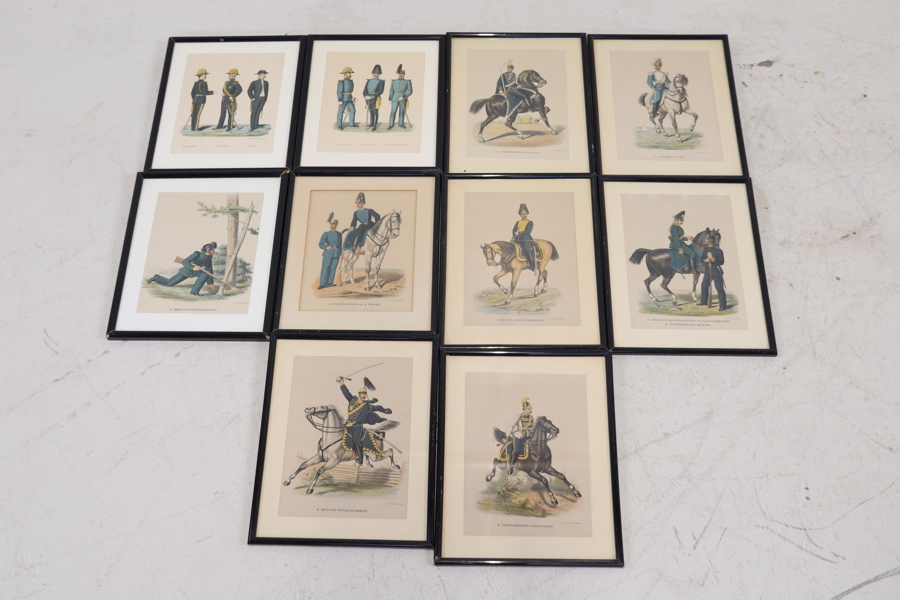 Litografiska tryck, 10 st, svenska uniformer, Central-Tryckeriet Stockholm.