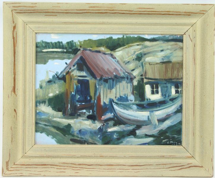 Nils Öberg, "Studie av sjöbod ostkusten", olja på pannå, signerad, daterad 39-40.
