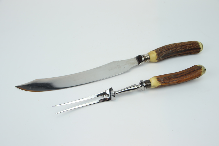 Trancherbestick, 2 delar, rostfritt stål/horn, Samuel Peace, Sheffield, England.