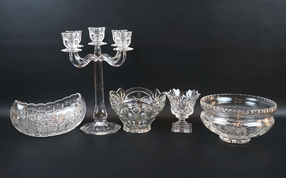 Kandelaber och skålar, 5 delar, glas, bl.a Nachtmann.