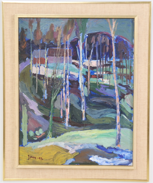 Gunnar Jonn, "Den sista snön", olja på pannå, signerad, daterad -42.