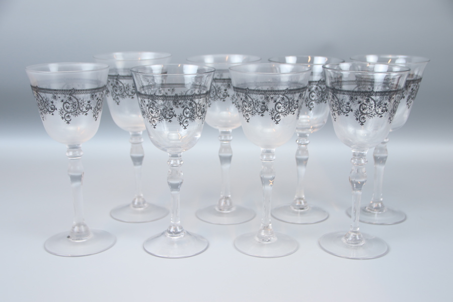 Vinglas med svart dekor, 8 st, 1900-tal.