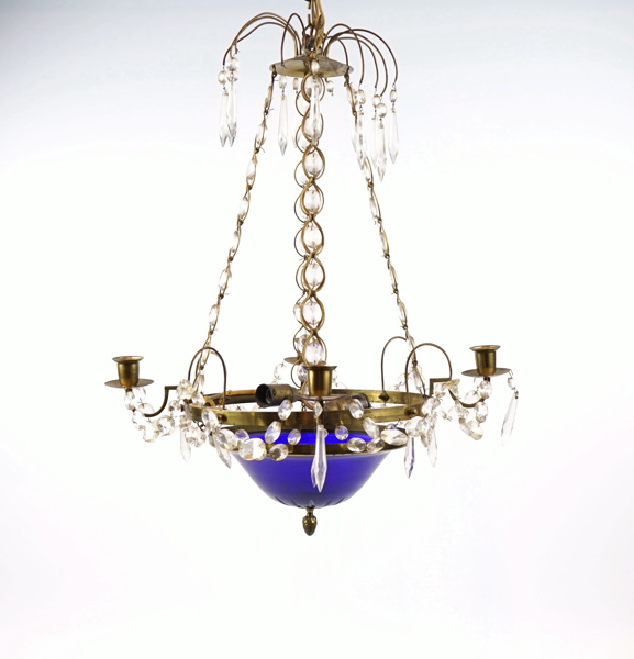 Takkrona, för 4 ljus och 2 ljuspunkter, glas/mässing, gustaviansk stil, 1900-tal.