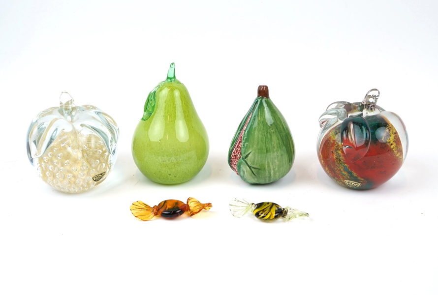 Frukter och karameller, 6 delar, glas/keramik bl.a FM Konstglas Ronneby.