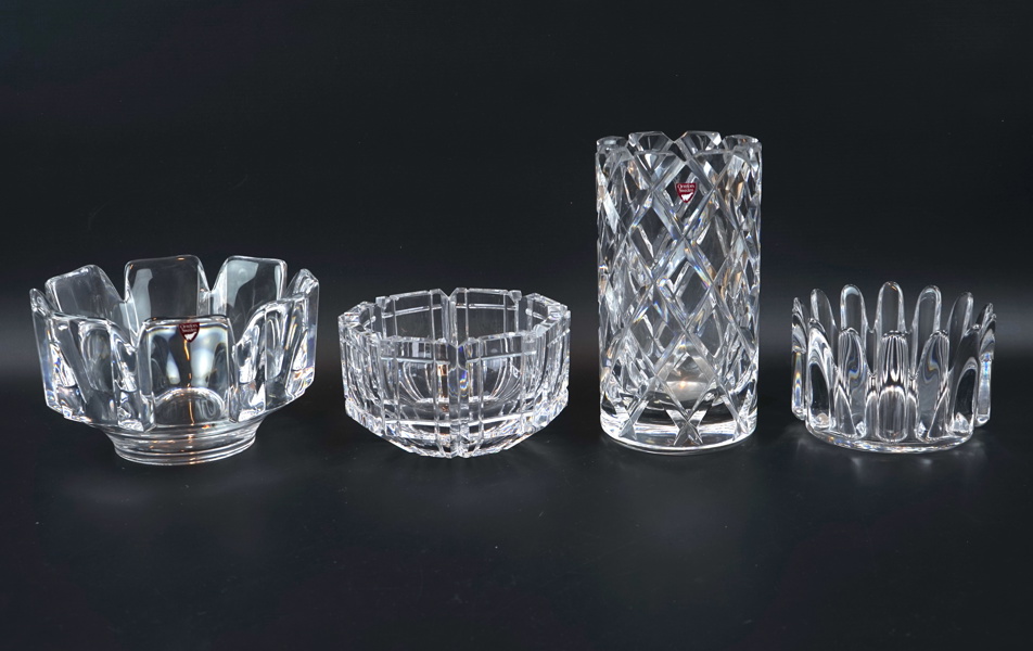 Skålar och vas, 4 delar, glas, Orrefors, bl.a Gunnar Cyrén.