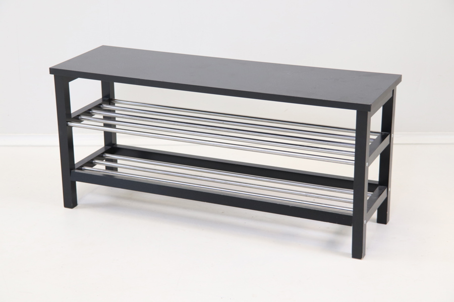 Bänk med skohylla, trä/metall, "Tjusig", IKEA.