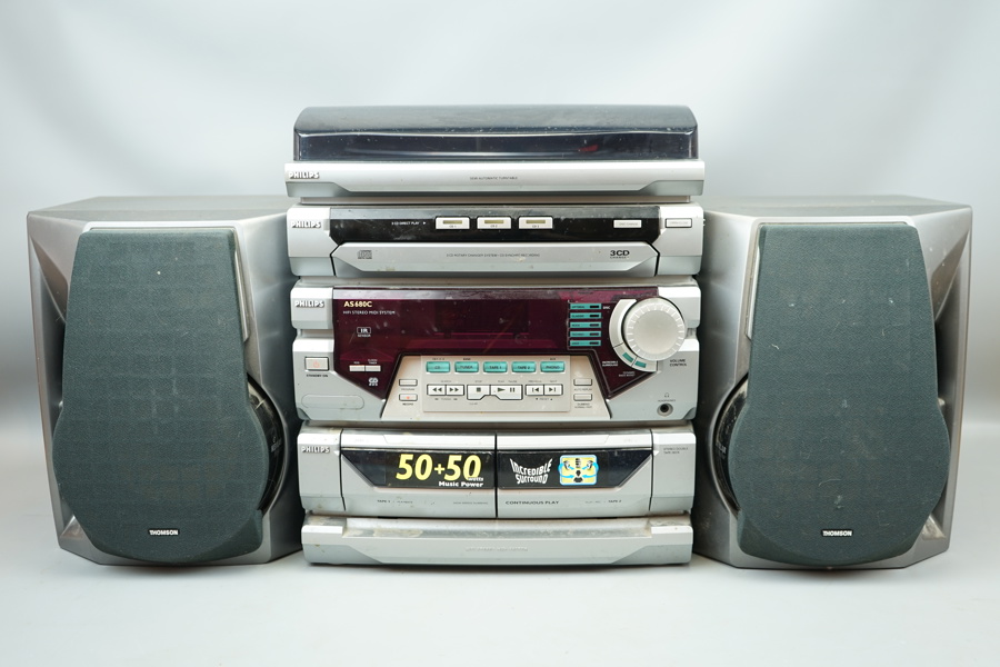 Stereo, Philips AS 680C, samt högtalare, ett par, Thomson A280.