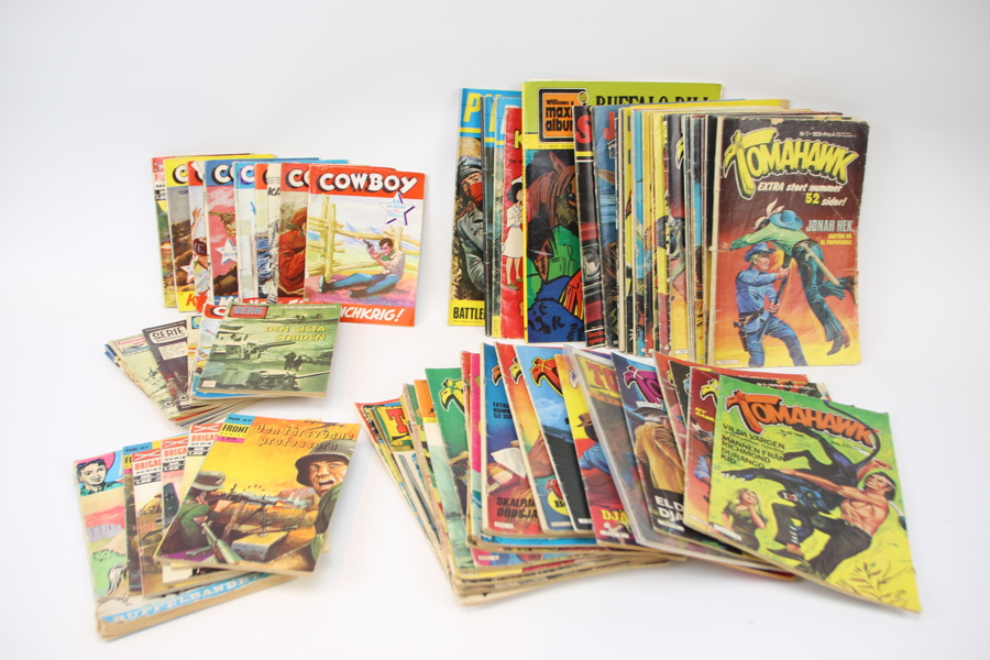 Serietidningar, ett parti, bl.a Tomahawk och Cowboy. 1900-talets andra hälft.