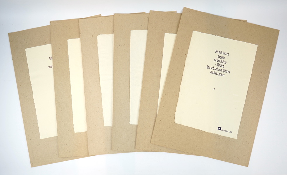 Jan Östergren, dikter, 6 st, tryck på papper, oramade.