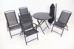Bord och 4 stolar, hopfällbara, metall/glas, samt parasoll, metall/plast/textil.