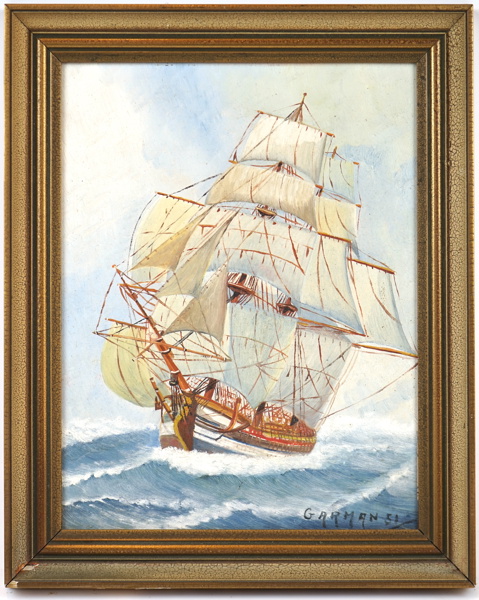 Oidentifierad konstnär, olja på pannå, signerad Garman, 1951.