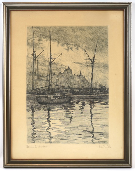 Artur Bengtsson, ''Hamnmotiv Stockholm'', etsning, signerad.