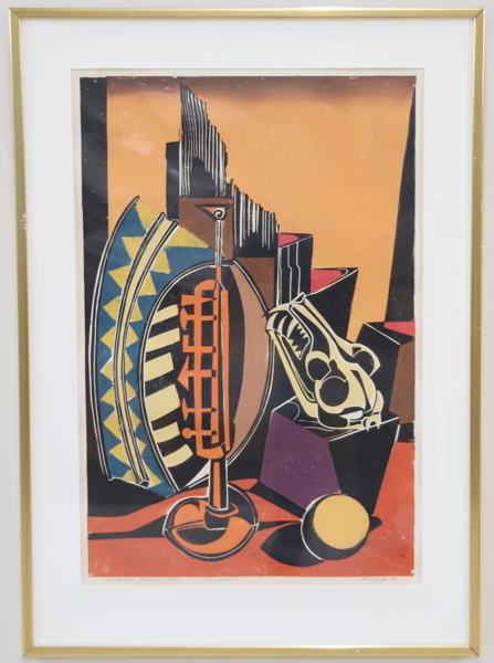 Bertil Gadö, "Objekt från gårdagen", trä- och linoleumsnitt, nr 7/25, signerad, 1955.