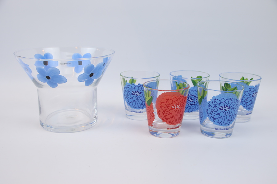 Skål och glas, 6 delar, Kosta Boda och Marimekko.