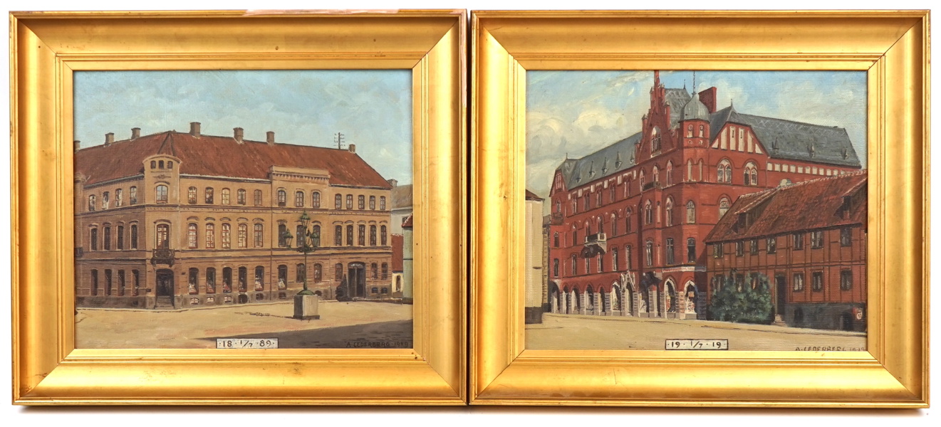 Oidentifierad konstnär, olja på duk, Ystad motiv, 2 st, signerade A. Cederberg, 1889/1919.