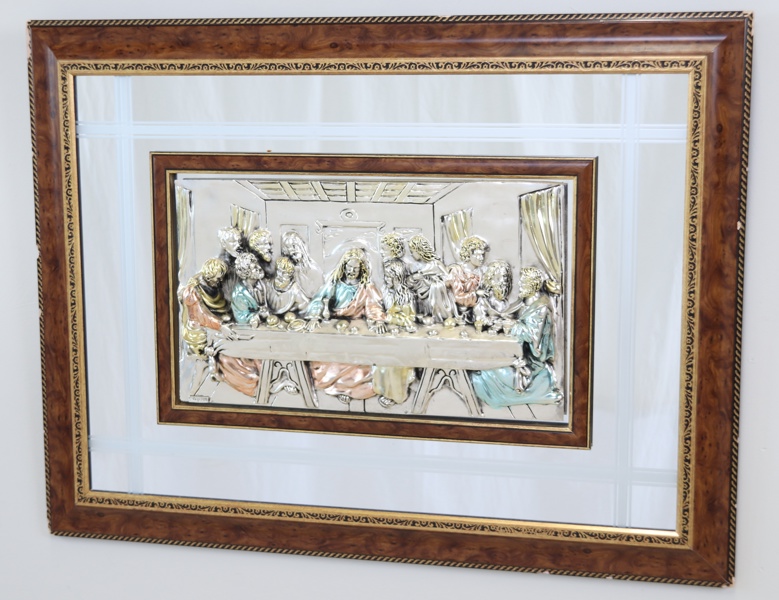 Väggtavla/relief, "Sista måltiden", sterling silver 925, stämplad, Italien, 1900-tal.