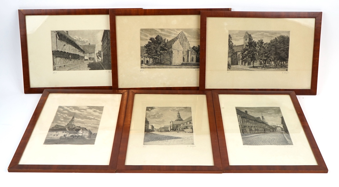 Oidentifierad konstnär, etsningar, Ystad motiv, 6 st, nr 1, signerad Y. Häger.