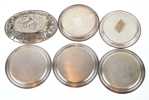 Coasters och nålfat, 6 delar, silver 830-835.