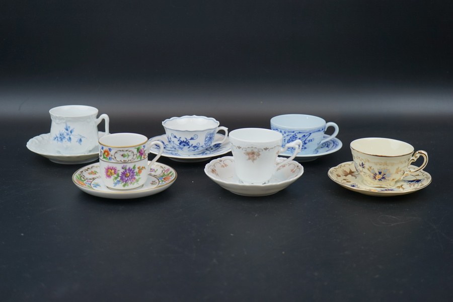 Kaffekoppar med fat, 6 delar, porslin, bl.a Meissen och Rörstrand.