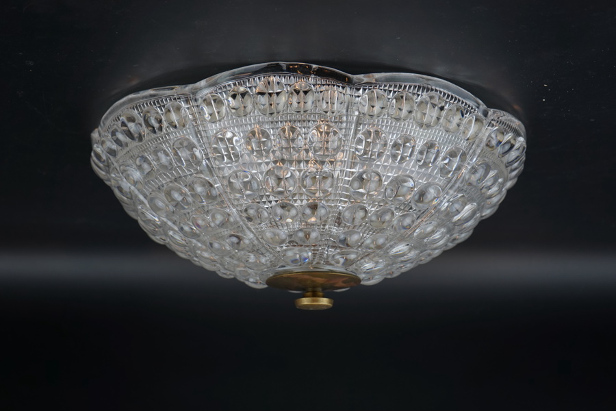 Carl Fagerlund, takplafond, glas/mässing, 3 ljuspunkter, Orrefors.