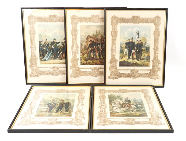 Grafiska tryck, 5 st, ur Julius Mankells bok "Norska Arméens Nuvarande Uniformer", 1864.