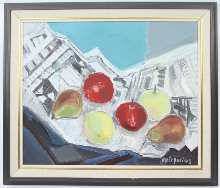 Eric Julius, "Frukter på tidning", olja på duk, signerad, 1972.