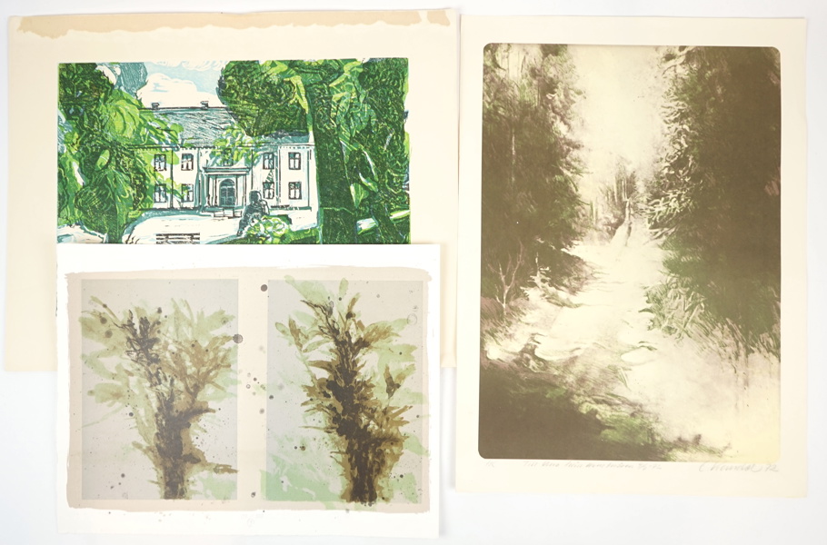 Hans Kajtorp, Svenrobert Lundquist och Leif Kander, träsnitt och litografier, 3 delar, oramade, signerade.