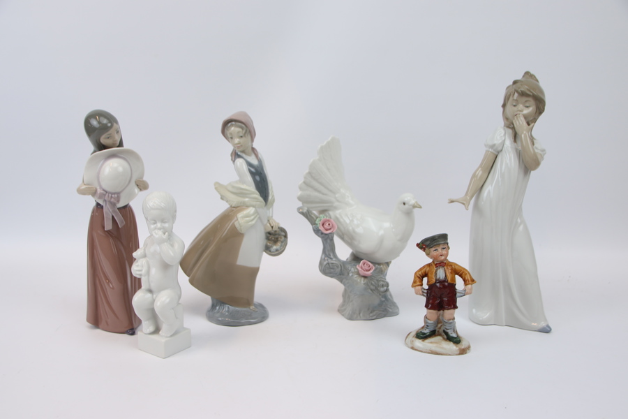 Figuriner, 6 st, porslin, bl.a Lladro och Bing & Gröndahl.