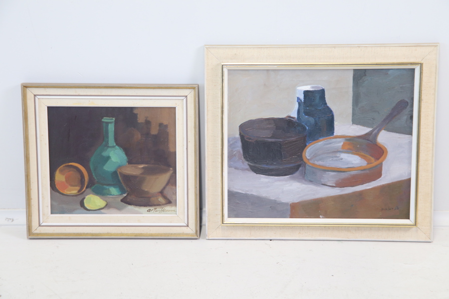 Artur Hansson och oidentifierad konstnär, olja på duk, 2 st, signerade.