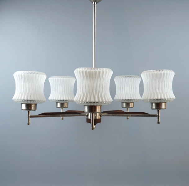 Taklampa, 5 ljuspunkter, metall/teak.