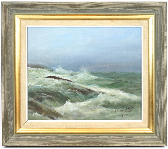 Dan Lindstrand, ''Storm över bohuslänsklippor'', olja på duk, signerad.