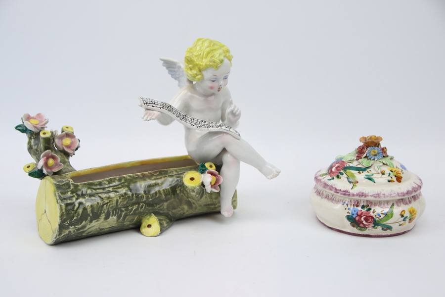 Figurin/skål och lockask, porslin, Italien.