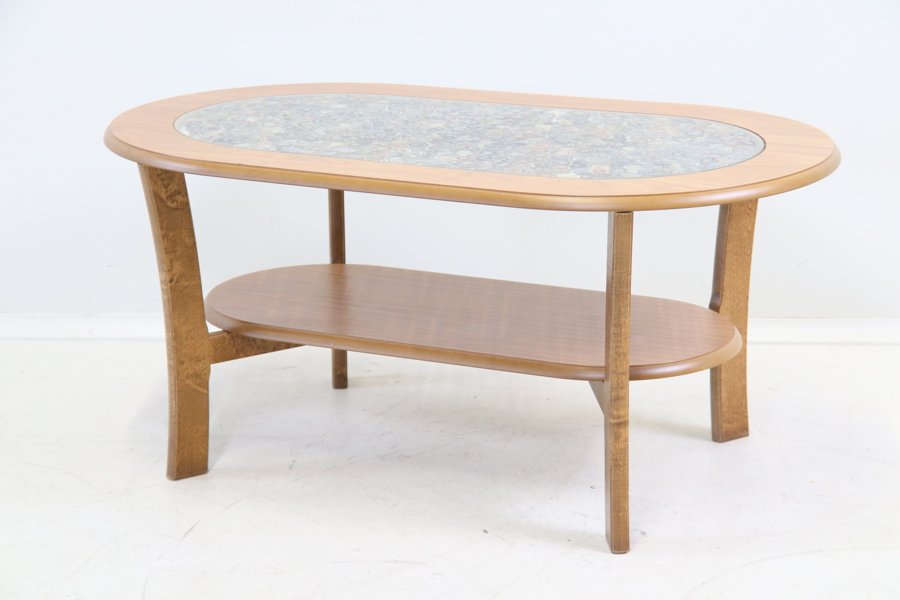 Soffbord, trä/glas/sten.