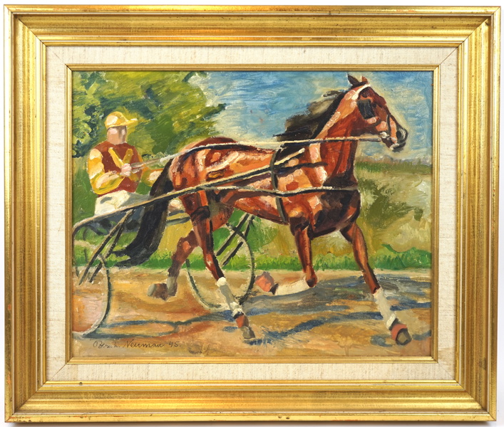 Bernhard Neuman, olja på pannå, travhäst med ryttare, signerad, 1945.