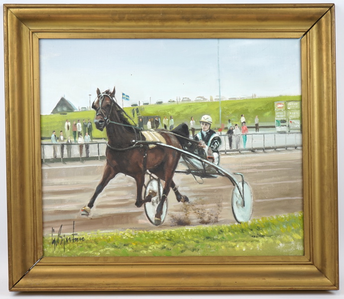 Göte Bjertner, olja på duk, travhäst med ryttare, signerad.