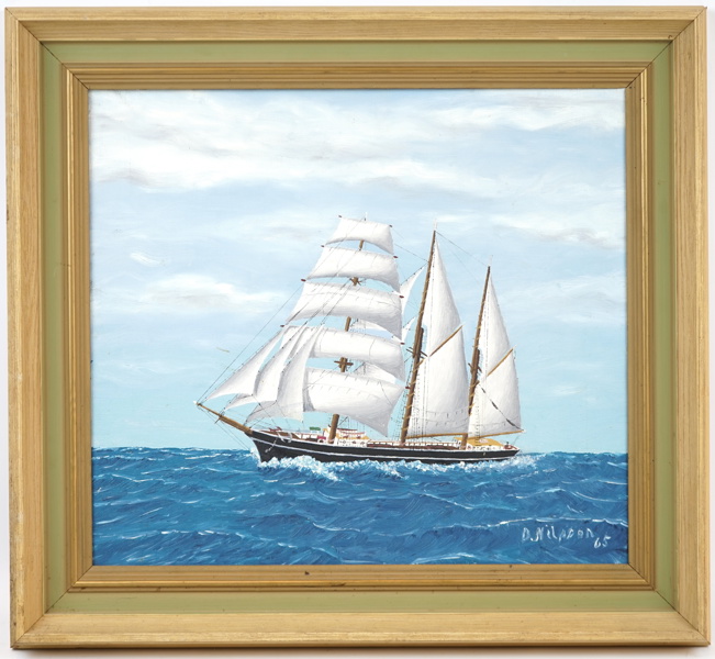 Oidentifierad konstnär, "Skonerskeppet Amalthea", olja på duk, signerad D. Nilsson, 1965.