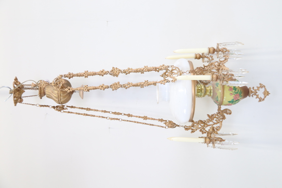 Takkrona, majolika, för 6 ljus, 1 ljuspunkt, metall/glas.