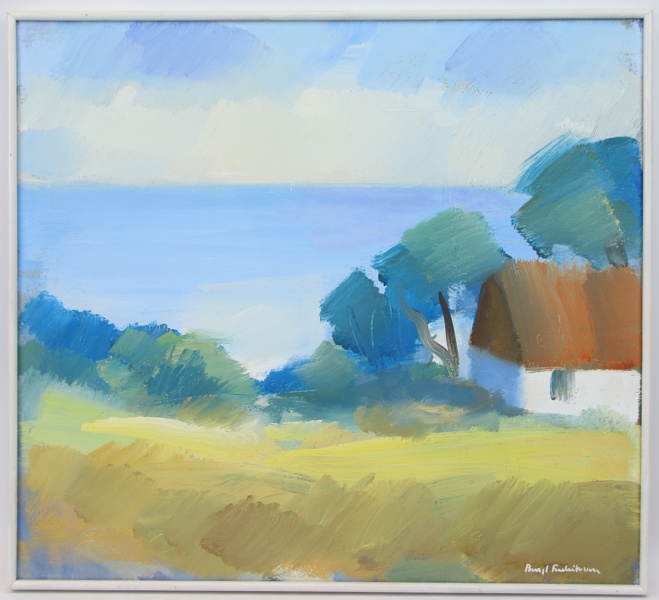 Bengt Fredriksson, "Hus vid hav", olja på duk, signerad.