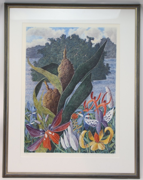 Karl Axel Pehrson, "Landskap med senoinötter", litografi 269/385, signerad. 1993.