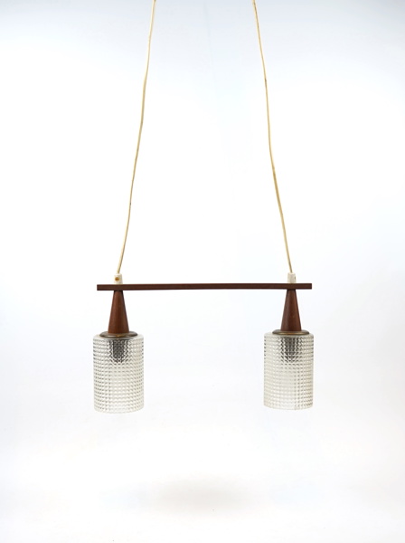 Taklampa, 2 ljuspunkter, glas/teak, 1950/60-tal.