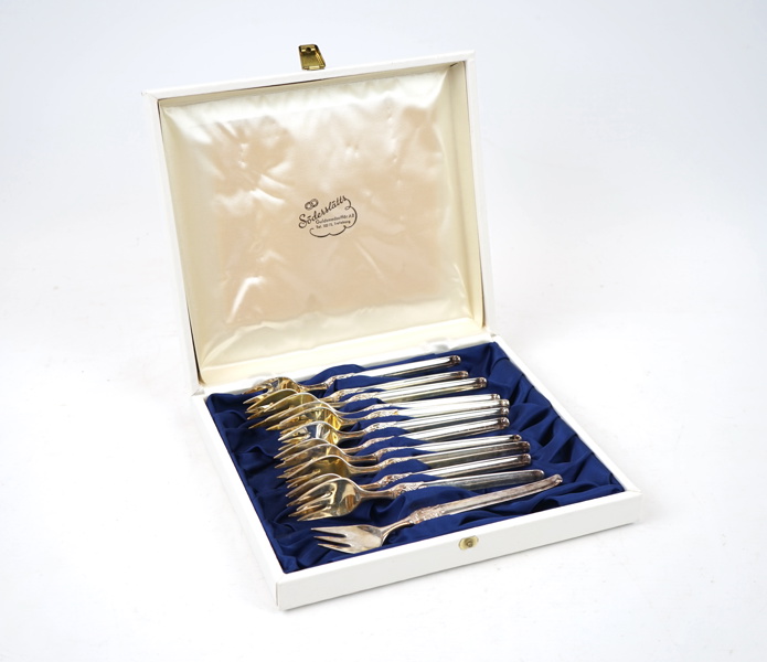 Dessertgafflar, 12 delar, nysilver, Danmark.