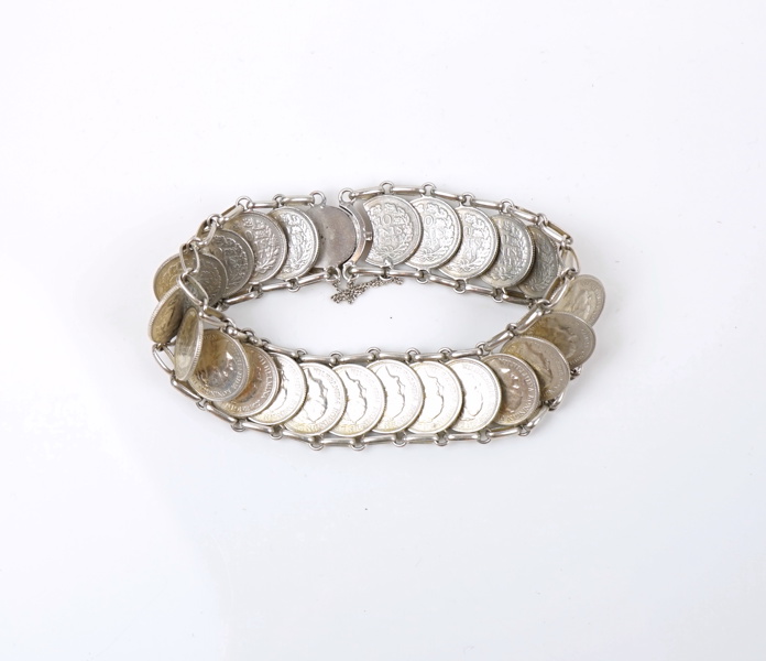 Armlänk, silver 640, nederländska mynt (10 cent), 1930/40-tal.