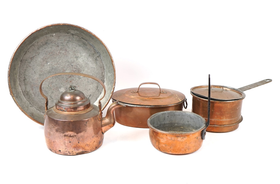 Tekanna, skål m.m, 5 delar, koppar.