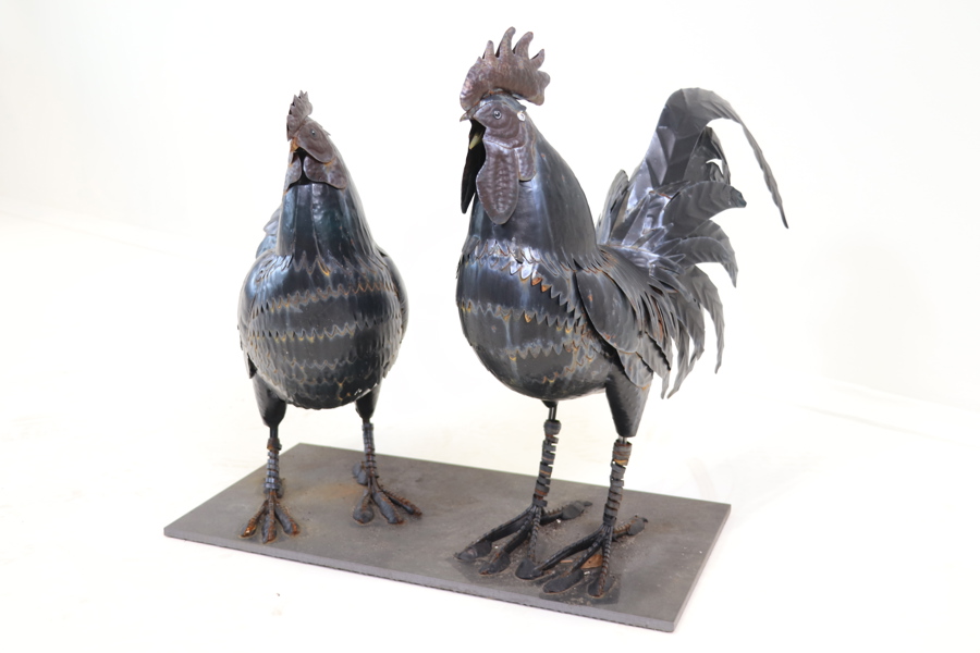 Trädgårdsdekoration, tupp och höna, metall.