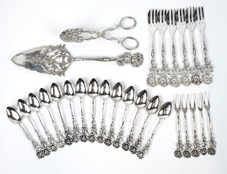 Bestickservisddelar, 27 st, silver, ''Rosen''.