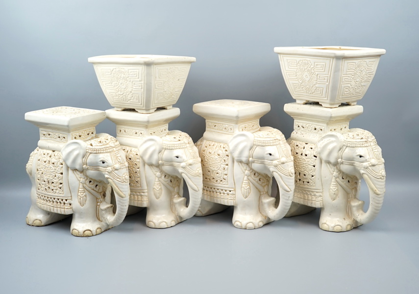 Piedestaler och ytterfoder, elefanter, 6 delar, keramik.
