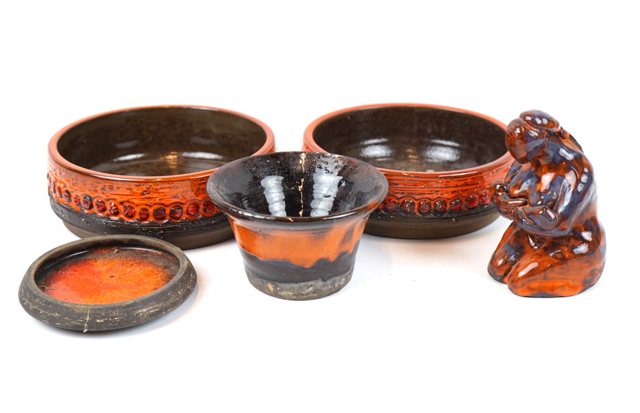 Figurin och skålar, 5 delar, keramik, bl.a Norrmans-Motala.